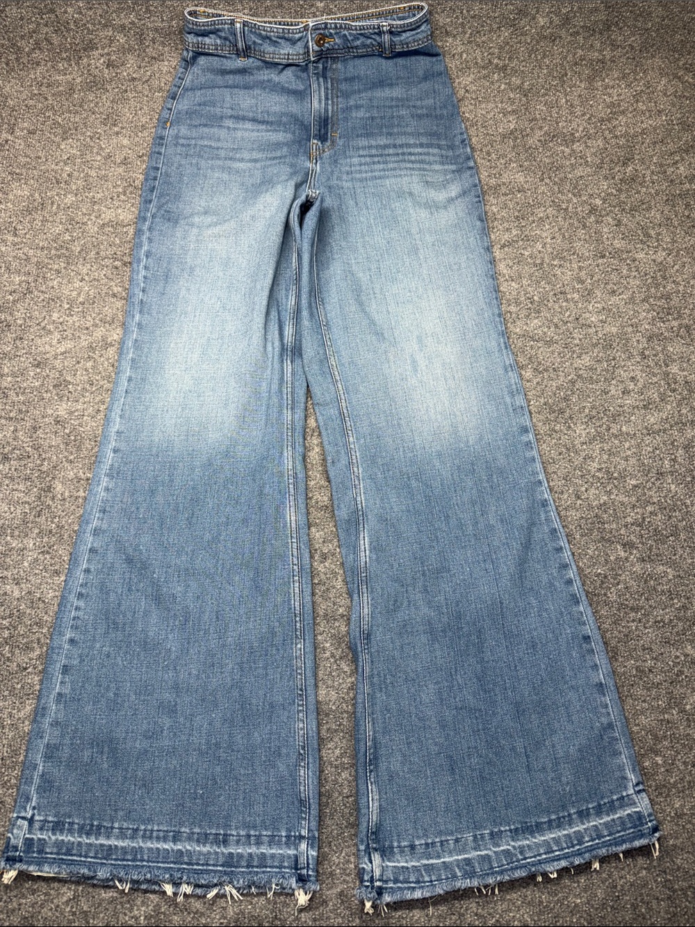 Free People Medium Wash High-Rise Wide Leg Jeans with Frayed Hem